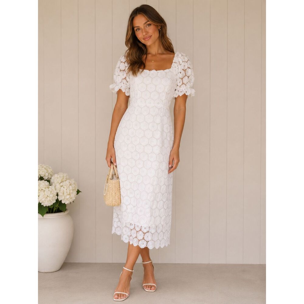 Cololura White Floral Eyelet Puff Sleeve Lined Midi Dress Garden Party Small